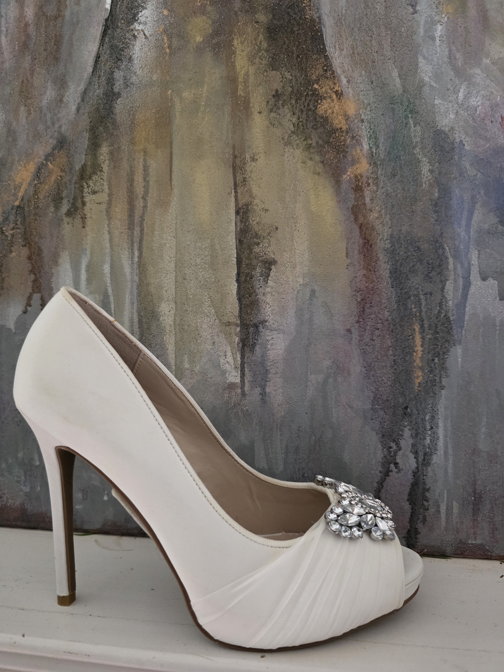 Anne Klein Ivory Peep-Toe Heel with Crystal Brooch
